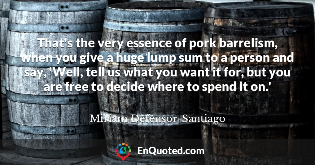 That's the very essence of pork barrelism, when you give a huge lump sum to a person and say, 'Well, tell us what you want it for, but you are free to decide where to spend it on.'