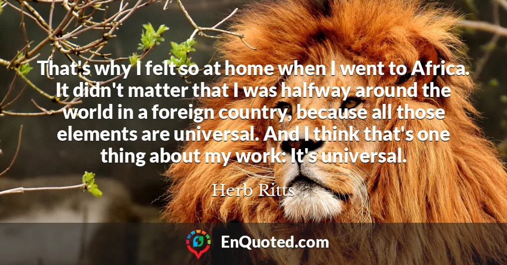 That's why I felt so at home when I went to Africa. It didn't matter that I was halfway around the world in a foreign country, because all those elements are universal. And I think that's one thing about my work: It's universal.