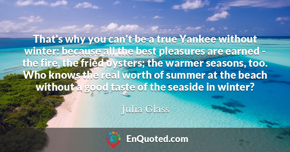 That's why you can't be a true Yankee without winter: because all the best pleasures are earned - the fire, the fried oysters; the warmer seasons, too. Who knows the real worth of summer at the beach without a good taste of the seaside in winter?