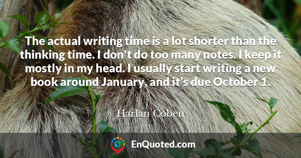 The actual writing time is a lot shorter than the thinking time. I don't do too many notes. I keep it mostly in my head. I usually start writing a new book around January, and it's due October 1.