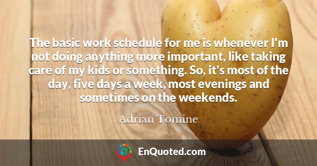 The basic work schedule for me is whenever I'm not doing anything more important, like taking care of my kids or something. So, it's most of the day, five days a week, most evenings and sometimes on the weekends.