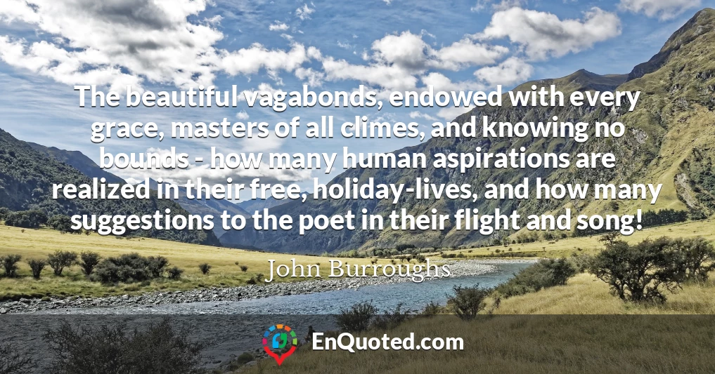 The beautiful vagabonds, endowed with every grace, masters of all climes, and knowing no bounds - how many human aspirations are realized in their free, holiday-lives, and how many suggestions to the poet in their flight and song!