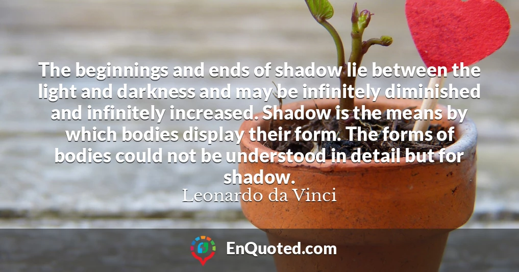 The beginnings and ends of shadow lie between the light and darkness and may be infinitely diminished and infinitely increased. Shadow is the means by which bodies display their form. The forms of bodies could not be understood in detail but for shadow.