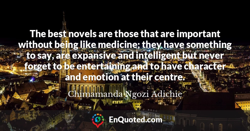 The best novels are those that are important without being like medicine; they have something to say, are expansive and intelligent but never forget to be entertaining and to have character and emotion at their centre.