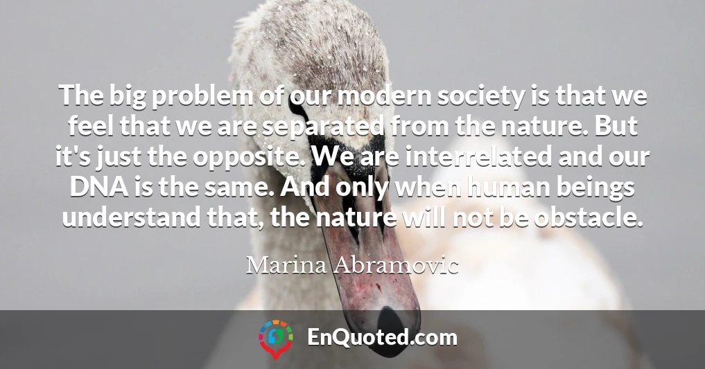 The big problem of our modern society is that we feel that we are separated from the nature. But it's just the opposite. We are interrelated and our DNA is the same. And only when human beings understand that, the nature will not be obstacle.