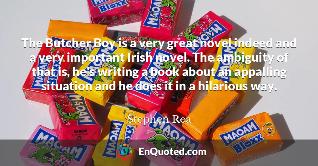 The Butcher Boy is a very great novel indeed and a very important Irish novel. The ambiguity of that is, he's writing a book about an appalling situation and he does it in a hilarious way.