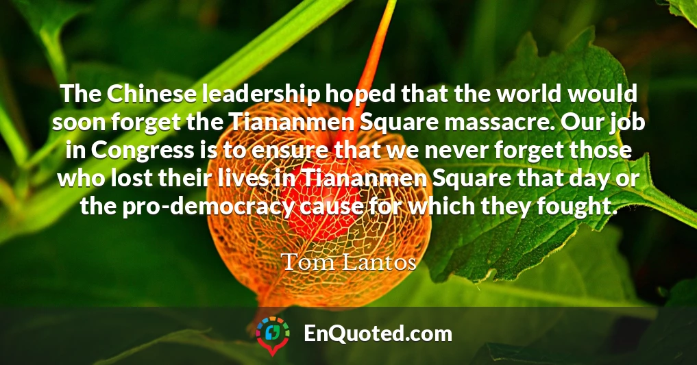 The Chinese leadership hoped that the world would soon forget the Tiananmen Square massacre. Our job in Congress is to ensure that we never forget those who lost their lives in Tiananmen Square that day or the pro-democracy cause for which they fought.