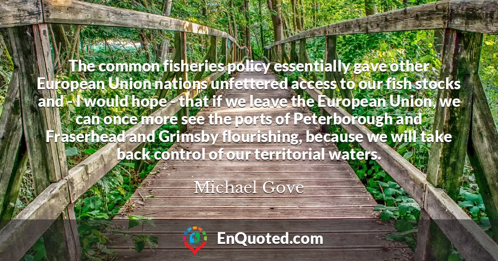 The common fisheries policy essentially gave other European Union nations unfettered access to our fish stocks and - I would hope - that if we leave the European Union, we can once more see the ports of Peterborough and Fraserhead and Grimsby flourishing, because we will take back control of our territorial waters.
