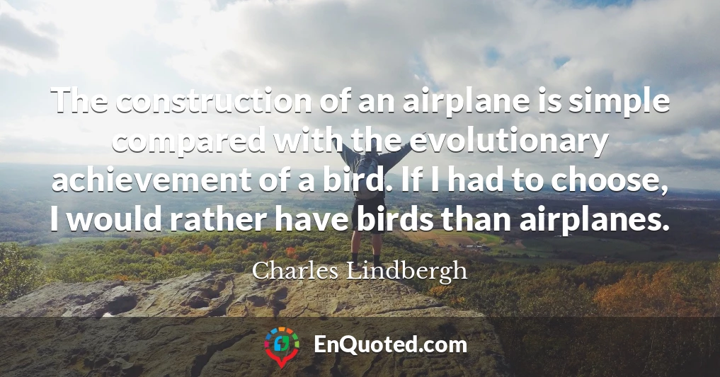 The construction of an airplane is simple compared with the evolutionary achievement of a bird. If I had to choose, I would rather have birds than airplanes.
