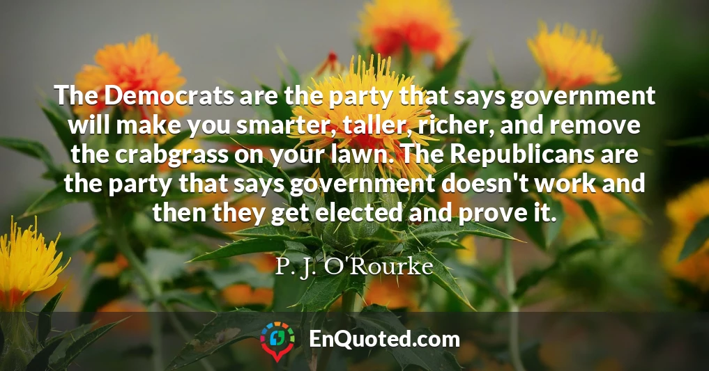 The Democrats are the party that says government will make you smarter, taller, richer, and remove the crabgrass on your lawn. The Republicans are the party that says government doesn't work and then they get elected and prove it.