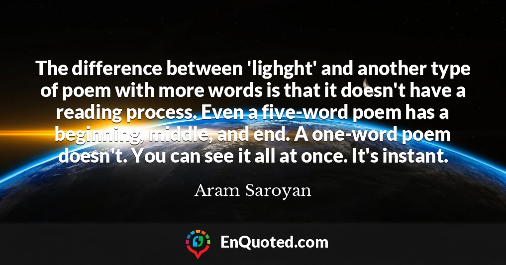 The difference between 'lighght' and another type of poem with more words is that it doesn't have a reading process. Even a five-word poem has a beginning, middle, and end. A one-word poem doesn't. You can see it all at once. It's instant.