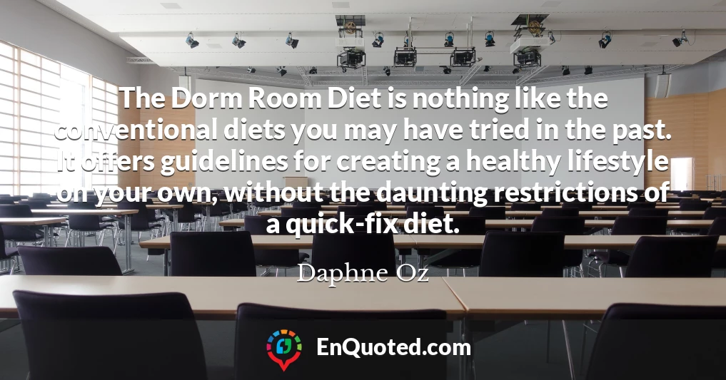 The Dorm Room Diet is nothing like the conventional diets you may have tried in the past. It offers guidelines for creating a healthy lifestyle on your own, without the daunting restrictions of a quick-fix diet.