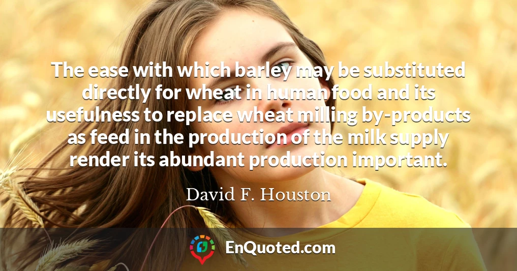 The ease with which barley may be substituted directly for wheat in human food and its usefulness to replace wheat milling by-products as feed in the production of the milk supply render its abundant production important.
