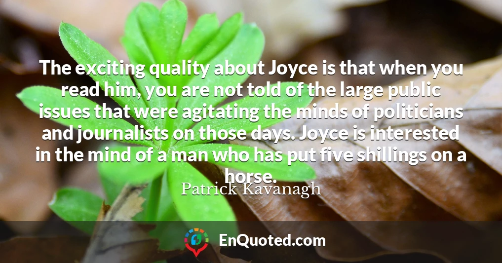 The exciting quality about Joyce is that when you read him, you are not told of the large public issues that were agitating the minds of politicians and journalists on those days. Joyce is interested in the mind of a man who has put five shillings on a horse.