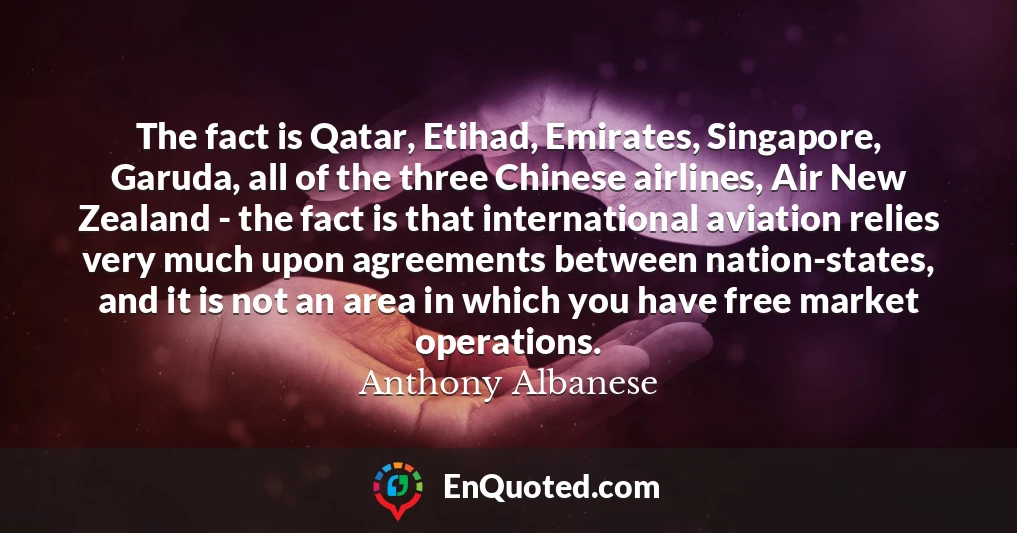 The fact is Qatar, Etihad, Emirates, Singapore, Garuda, all of the three Chinese airlines, Air New Zealand - the fact is that international aviation relies very much upon agreements between nation-states, and it is not an area in which you have free market operations.