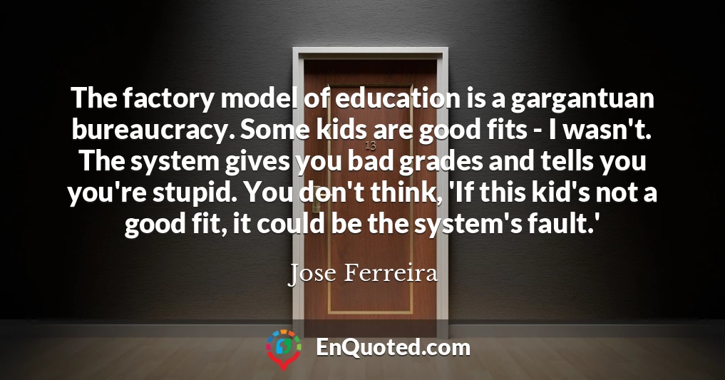 The factory model of education is a gargantuan bureaucracy. Some kids are good fits - I wasn't. The system gives you bad grades and tells you you're stupid. You don't think, 'If this kid's not a good fit, it could be the system's fault.'