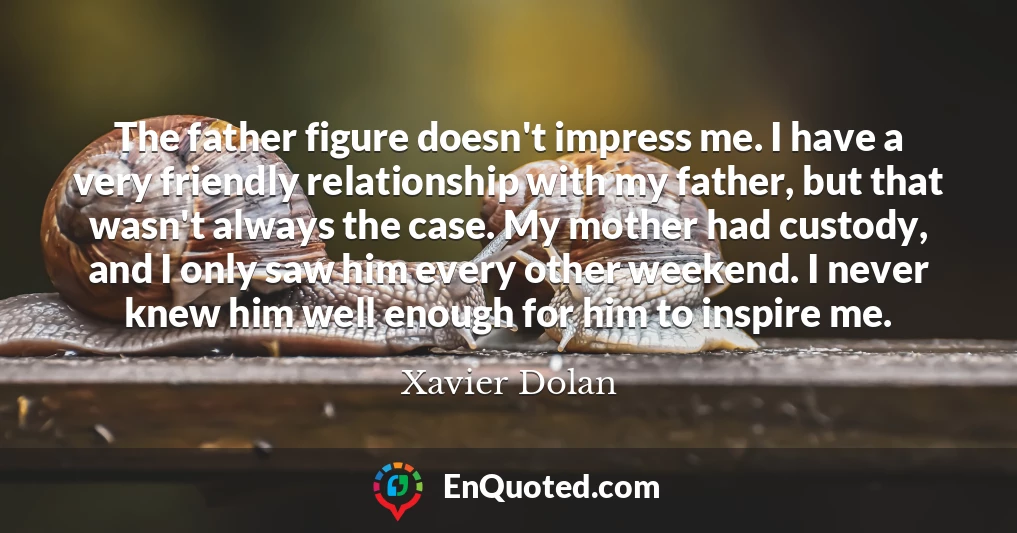 The father figure doesn't impress me. I have a very friendly relationship with my father, but that wasn't always the case. My mother had custody, and I only saw him every other weekend. I never knew him well enough for him to inspire me.