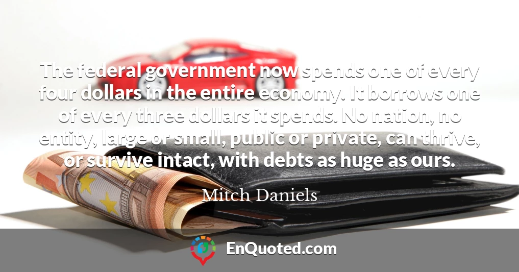 The federal government now spends one of every four dollars in the entire economy. It borrows one of every three dollars it spends. No nation, no entity, large or small, public or private, can thrive, or survive intact, with debts as huge as ours.
