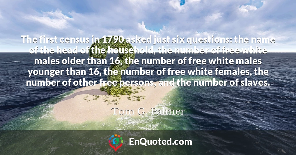 The first census in 1790 asked just six questions: the name of the head of the household, the number of free white males older than 16, the number of free white males younger than 16, the number of free white females, the number of other free persons, and the number of slaves.
