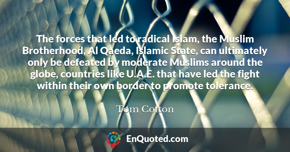 The forces that led to radical Islam, the Muslim Brotherhood, Al Qaeda, Islamic State, can ultimately only be defeated by moderate Muslims around the globe, countries like U.A.E. that have led the fight within their own border to promote tolerance.