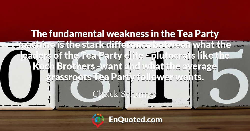 The fundamental weakness in the Tea Party machine is the stark difference between what the leaders of the Tea Party elite - plutocrats like the Koch Brothers -want and what the average grassroots Tea Party follower wants.