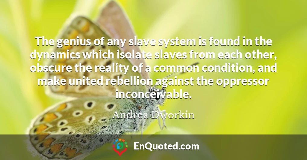 The genius of any slave system is found in the dynamics which isolate slaves from each other, obscure the reality of a common condition, and make united rebellion against the oppressor inconceivable.