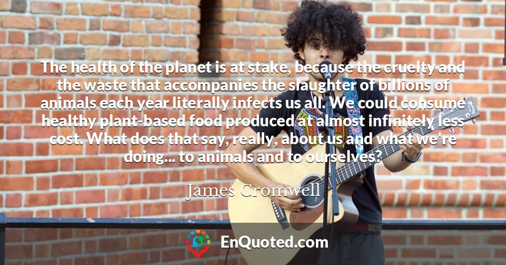 The health of the planet is at stake, because the cruelty and the waste that accompanies the slaughter of billions of animals each year literally infects us all. We could consume healthy plant-based food produced at almost infinitely less cost. What does that say, really, about us and what we're doing... to animals and to ourselves?