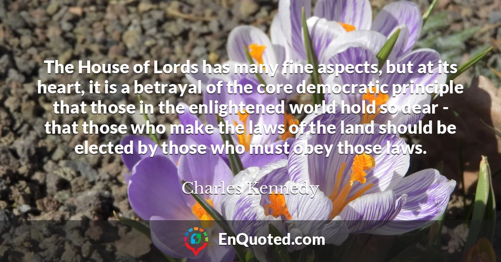 The House of Lords has many fine aspects, but at its heart, it is a betrayal of the core democratic principle that those in the enlightened world hold so dear - that those who make the laws of the land should be elected by those who must obey those laws.