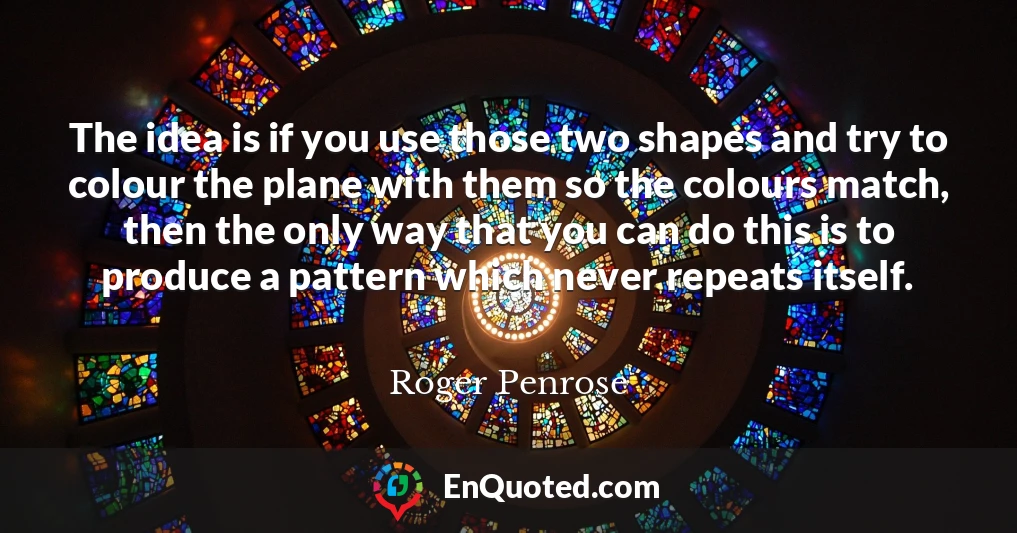 The idea is if you use those two shapes and try to colour the plane with them so the colours match, then the only way that you can do this is to produce a pattern which never repeats itself.