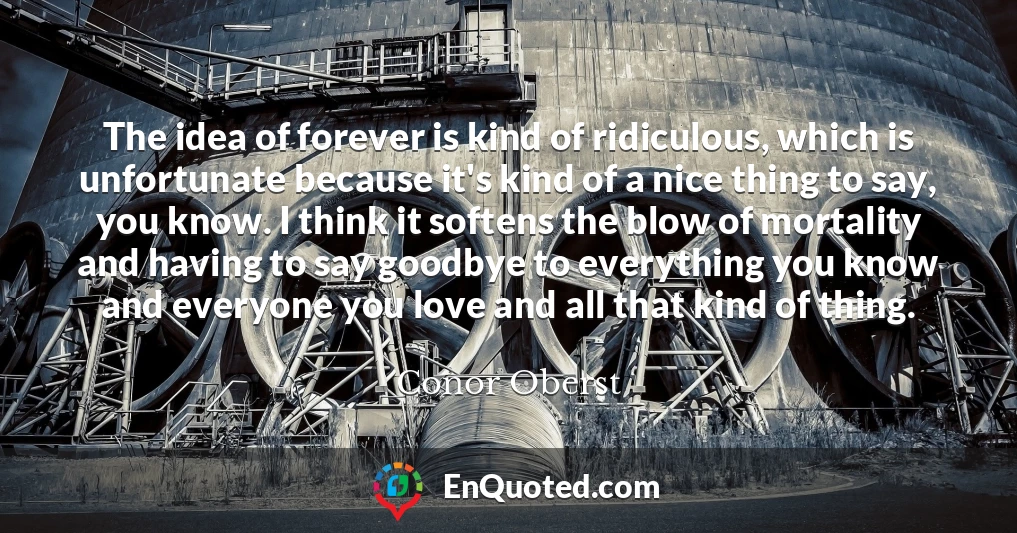 The idea of forever is kind of ridiculous, which is unfortunate because it's kind of a nice thing to say, you know. I think it softens the blow of mortality and having to say goodbye to everything you know and everyone you love and all that kind of thing.