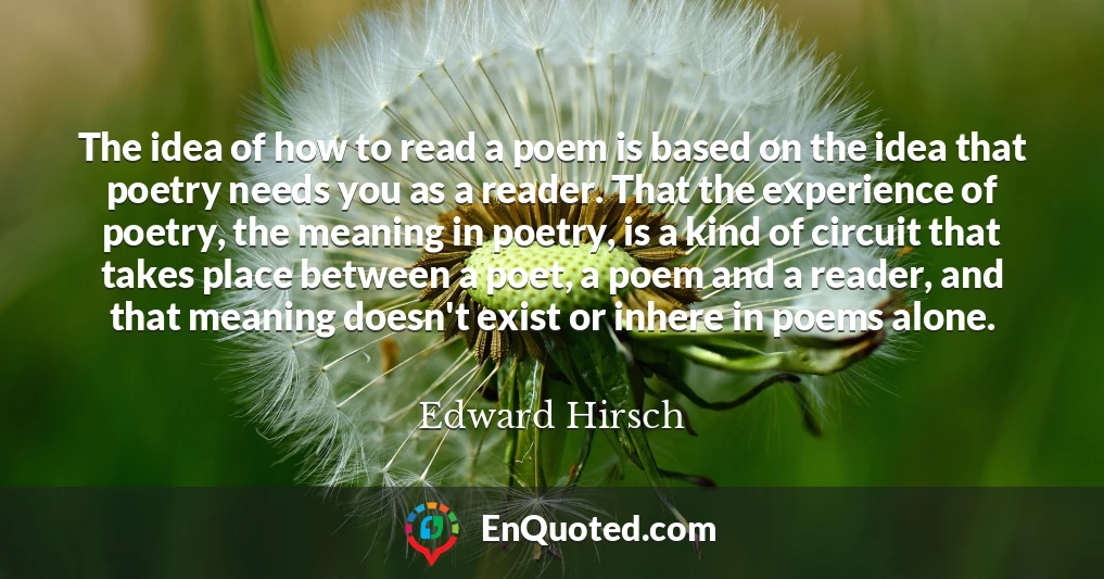 The idea of how to read a poem is based on the idea that poetry needs you as a reader. That the experience of poetry, the meaning in poetry, is a kind of circuit that takes place between a poet, a poem and a reader, and that meaning doesn't exist or inhere in poems alone.