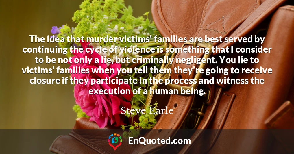 The idea that murder victims' families are best served by continuing the cycle of violence is something that I consider to be not only a lie, but criminally negligent. You lie to victims' families when you tell them they're going to receive closure if they participate in the process and witness the execution of a human being.