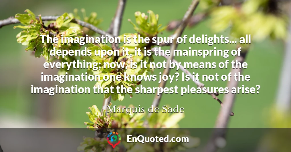 The imagination is the spur of delights... all depends upon it, it is the mainspring of everything; now, is it not by means of the imagination one knows joy? Is it not of the imagination that the sharpest pleasures arise?