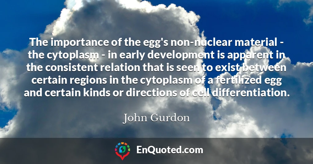 The importance of the egg's non-nuclear material - the cytoplasm - in early development is apparent in the consistent relation that is seen to exist between certain regions in the cytoplasm of a fertilized egg and certain kinds or directions of cell differentiation.