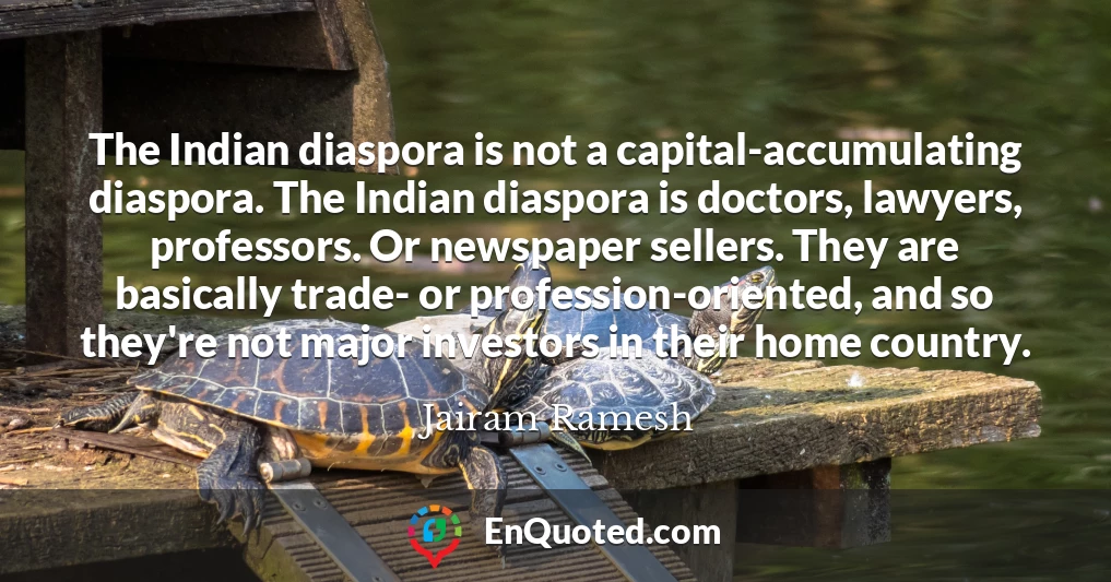 The Indian diaspora is not a capital-accumulating diaspora. The Indian diaspora is doctors, lawyers, professors. Or newspaper sellers. They are basically trade- or profession-oriented, and so they're not major investors in their home country.