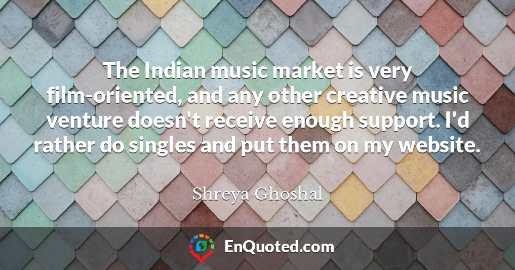 The Indian music market is very film-oriented, and any other creative music venture doesn't receive enough support. I'd rather do singles and put them on my website.