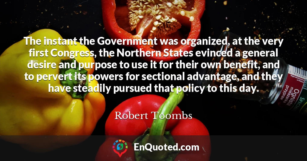 The instant the Government was organized, at the very first Congress, the Northern States evinced a general desire and purpose to use it for their own benefit, and to pervert its powers for sectional advantage, and they have steadily pursued that policy to this day.