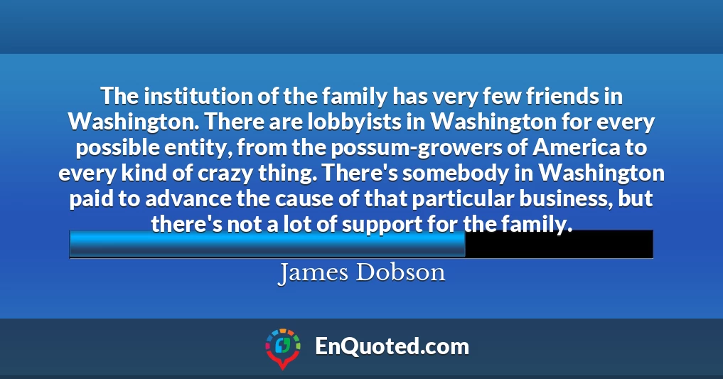 The institution of the family has very few friends in Washington. There are lobbyists in Washington for every possible entity, from the possum-growers of America to every kind of crazy thing. There's somebody in Washington paid to advance the cause of that particular business, but there's not a lot of support for the family.