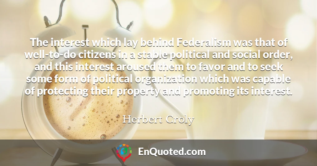 The interest which lay behind Federalism was that of well-to-do citizens in a stable political and social order, and this interest aroused them to favor and to seek some form of political organization which was capable of protecting their property and promoting its interest.
