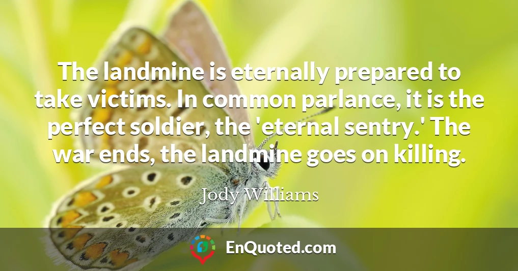The landmine is eternally prepared to take victims. In common parlance, it is the perfect soldier, the 'eternal sentry.' The war ends, the landmine goes on killing.