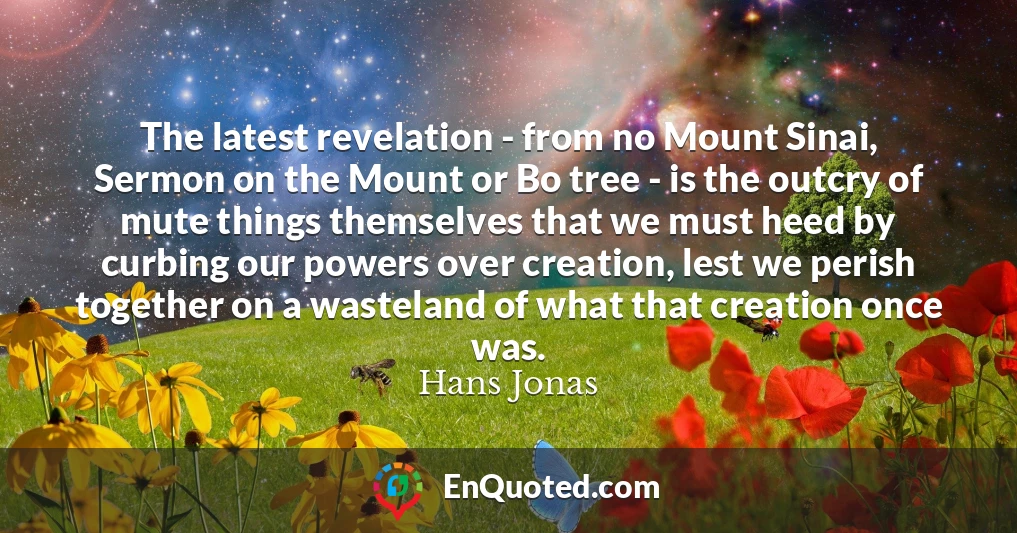 The latest revelation - from no Mount Sinai, Sermon on the Mount or Bo tree - is the outcry of mute things themselves that we must heed by curbing our powers over creation, lest we perish together on a wasteland of what that creation once was.