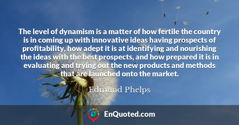 The level of dynamism is a matter of how fertile the country is in coming up with innovative ideas having prospects of profitability, how adept it is at identifying and nourishing the ideas with the best prospects, and how prepared it is in evaluating and trying out the new products and methods that are launched onto the market.