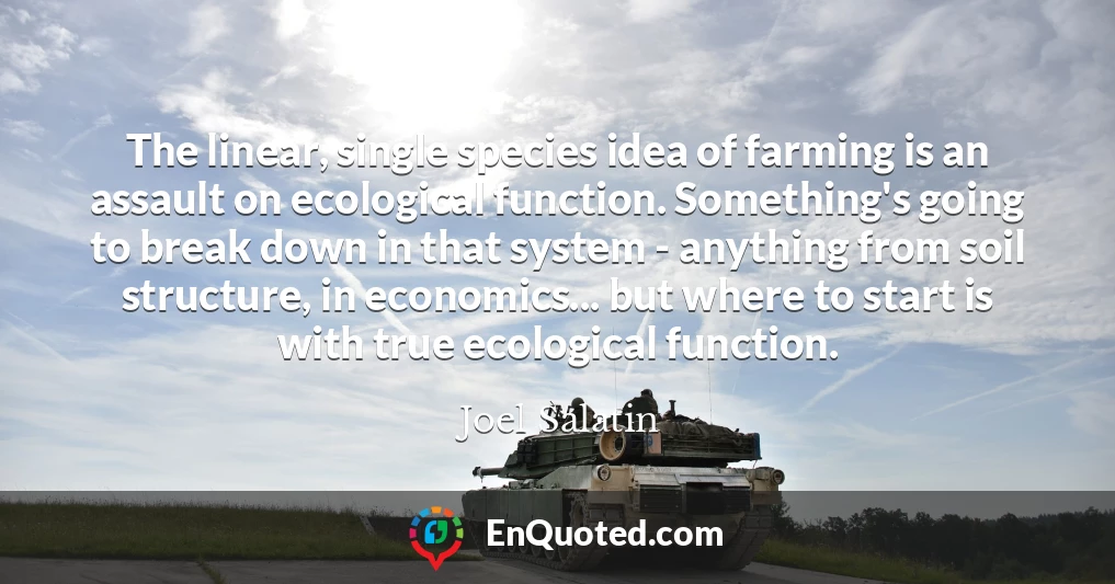 The linear, single species idea of farming is an assault on ecological function. Something's going to break down in that system - anything from soil structure, in economics... but where to start is with true ecological function.