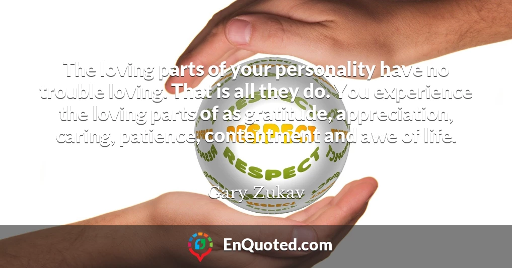 The loving parts of your personality have no trouble loving. That is all they do. You experience the loving parts of as gratitude, appreciation, caring, patience, contentment and awe of life.