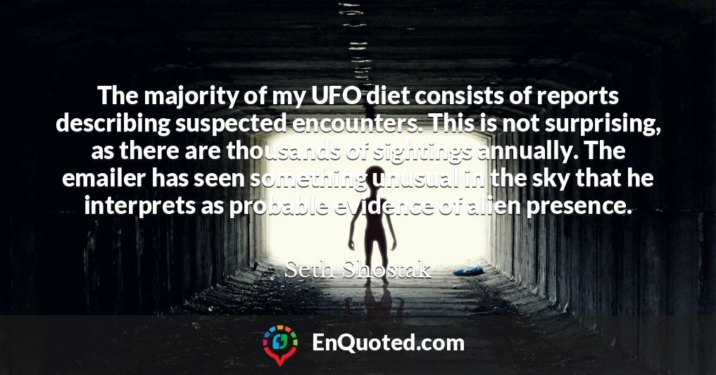 The majority of my UFO diet consists of reports describing suspected encounters. This is not surprising, as there are thousands of sightings annually. The emailer has seen something unusual in the sky that he interprets as probable evidence of alien presence.
