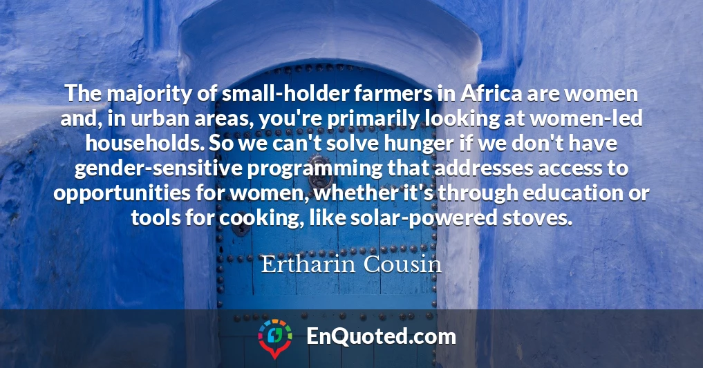 The majority of small-holder farmers in Africa are women and, in urban areas, you're primarily looking at women-led households. So we can't solve hunger if we don't have gender-sensitive programming that addresses access to opportunities for women, whether it's through education or tools for cooking, like solar-powered stoves.