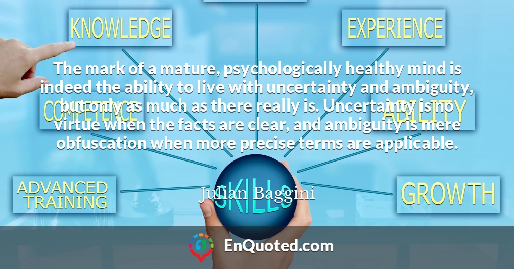 The mark of a mature, psychologically healthy mind is indeed the ability to live with uncertainty and ambiguity, but only as much as there really is. Uncertainty is no virtue when the facts are clear, and ambiguity is mere obfuscation when more precise terms are applicable.