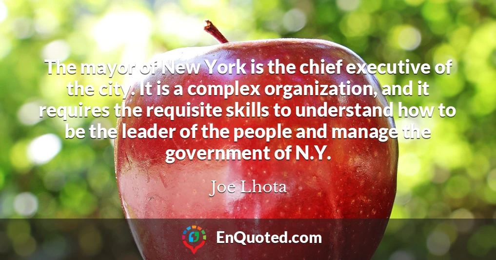 The mayor of New York is the chief executive of the city. It is a complex organization, and it requires the requisite skills to understand how to be the leader of the people and manage the government of N.Y.