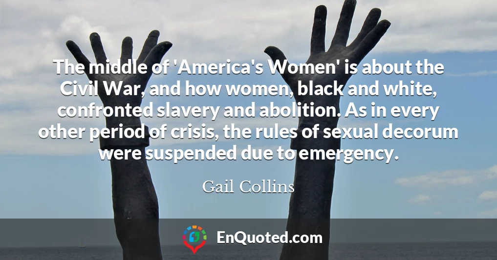 The middle of 'America's Women' is about the Civil War, and how women, black and white, confronted slavery and abolition. As in every other period of crisis, the rules of sexual decorum were suspended due to emergency.