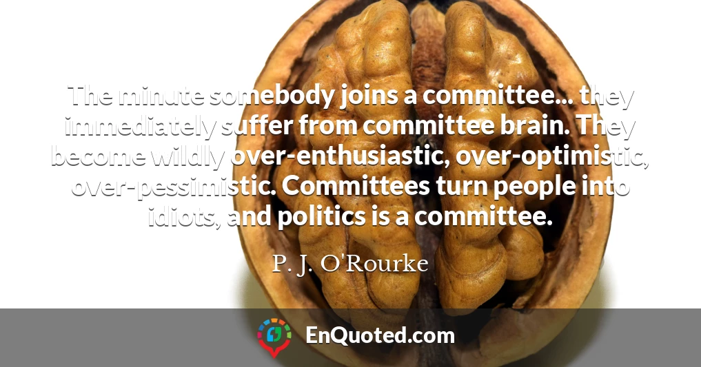 The minute somebody joins a committee... they immediately suffer from committee brain. They become wildly over-enthusiastic, over-optimistic, over-pessimistic. Committees turn people into idiots, and politics is a committee.